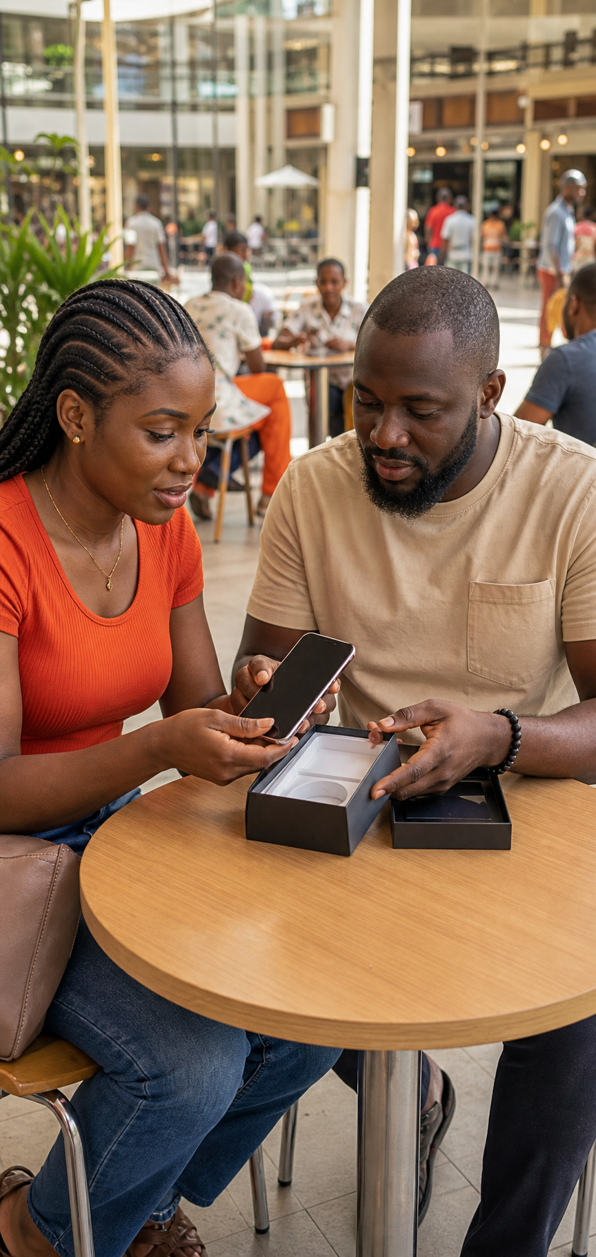 Two people inspecting a phone together in a busy public place